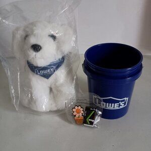 NEW collectible Lowe's plush stuffed animal puppy, mini bucket, 2 Crocs charms